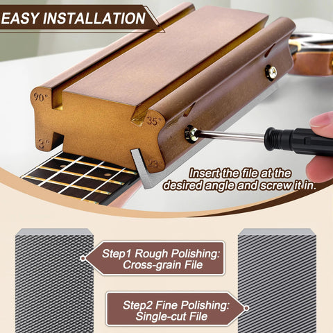 4-in-1 guitar fret file tool with bronze-brown wooden body and 3°, 23°, 35°, 90° angle slots for fret dressing