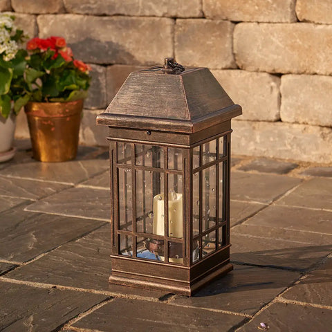 San Rafael II Solar Mission Lantern With Dual High Performance Warm White LEDs And Amber Pillar Accent on stone patio