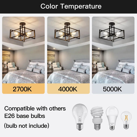 Color temperature options for Four Light Black Industrial Flush Mount Ceiling Light Fixture in bedroom setting