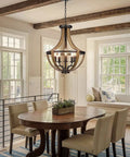 Modern Farmhouse Geometric 5 Light Chandelier With Adjustable Height Rustic Pendant Lighting For Dining Room Foyer And Kitchen Island In Black Wood Grain Finish With A Cool Vibe hanging over dining table.