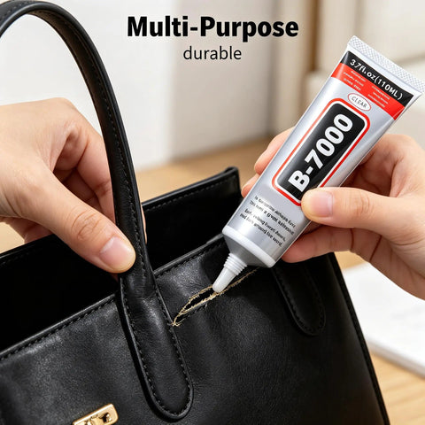 Heavy Duty Clear Industrial Glue Delivers A Hella Tough Bond And Precision Needle Tip For Jewelry Rhinestone Crafts Cell Phone Screen Repairs And Smooth Diy Projects applied on a black purse repair.