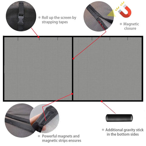 Heavy Duty 8x7 Foot Garage Screen Door With Magnetic Closure, self sealing fiberglass mesh shown with magnetic closure details