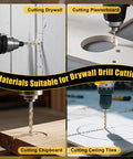 Pro Grade 50 Pack 5/32 Inch Drywall Bits Cut Through Plaster And Wood Boards Like Hot Knife Through Butter Perfect For Spiral Saw Use With Zero Sweat Or Kickback Issues Every Time, shown cutting drywall, plasterboard, chipboard, and ceiling tiles.