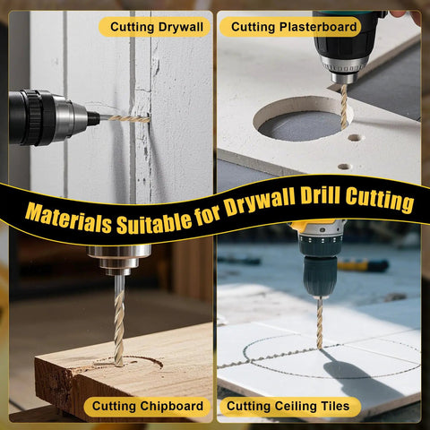 Pro Grade 50 Pack 5/32 Inch Drywall Bits Cut Through Plaster And Wood Boards Like Hot Knife Through Butter Perfect For Spiral Saw Use With Zero Sweat Or Kickback Issues Every Time, shown cutting drywall, plasterboard, chipboard, and ceiling tiles.