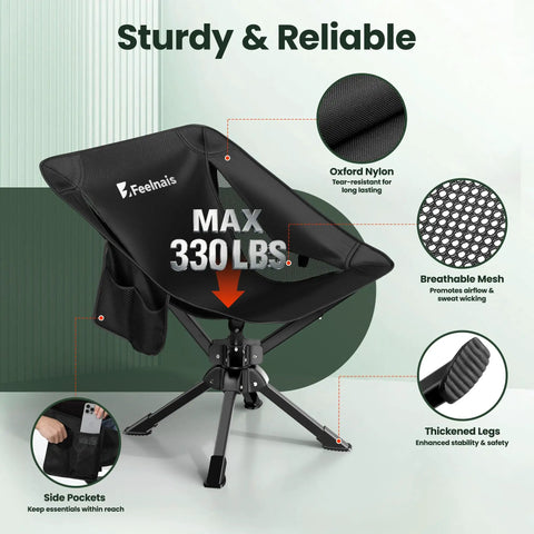 Ultra Portable Folding Camping Chair With No Assembly 360 Degree Swivel Lightweight One Piece Design With Side Pockets Black