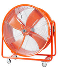 Smooth Rolling Industrial Drum Fan Cranking Out Serious Airflow To Crush Heat And Clear Smoke Quick 15000 Cfm Motor Works Hard All Day Long For Workers, orange steel frame with large fan blades.