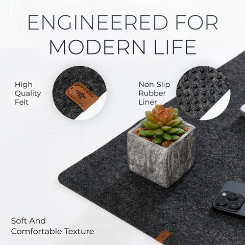 Large Felt Desk Mat 35 x 17 Inch Charcoal With Seamless Design And Anti Slip Rubber Dots Full Keyboard And Mouse Pad close-up