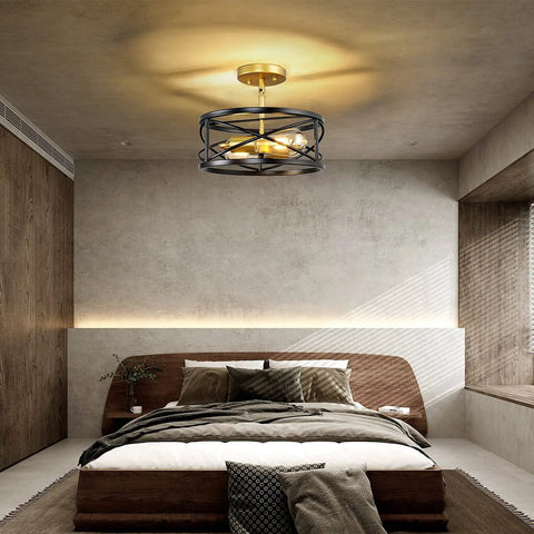 Semi Flush Mount Ceiling Light Fixtures With Two Lights in modern industrial farmhouse drum cage style, black and gold, bedroom view