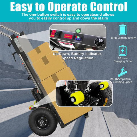 Heavy Duty Electric Stair Climber Dolly Cart with Motorized Motor, 880 Lb Capacity Folding Hand Truck with control panel and battery indicator.