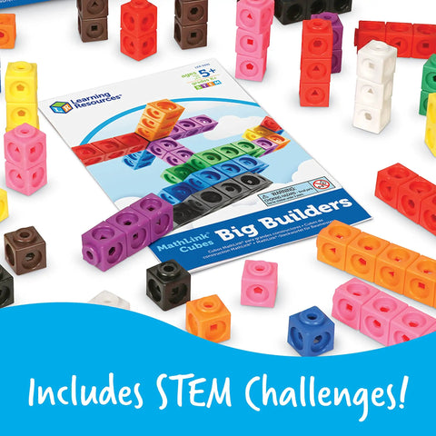 Big Builders Math Cubes Set For Kids, Colorful Counting Blocks packaging, STEM Learning kit with colorful cubes scattered