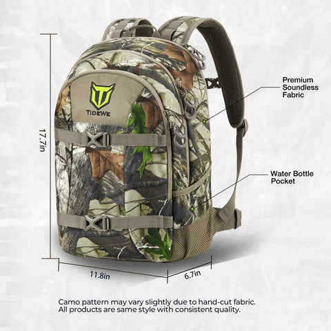 Camo G2 25L Hunting Backpack With Waterproof Rain Cover and Tough 600D, featuring water bottle pocket and soundless fabric.