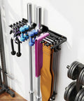 Beast Wall Mounted Home Gym Rack with 175 lb total capacity holding bars, bands, and belts neatly organized on a wall.