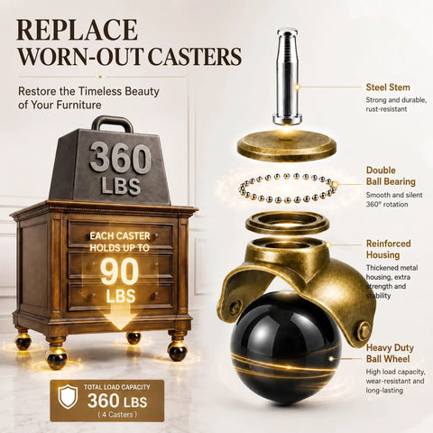Two Inch Ball Caster Wheels Set Of Four For Furniture Replacement Antique Brass Stem Chair Casters For Chairs Cabinets Coffee Tables And Office Furniture For Smooth Rolling 360 Lbs Per Set No Fuss Easy Glide, antique brass ball caster