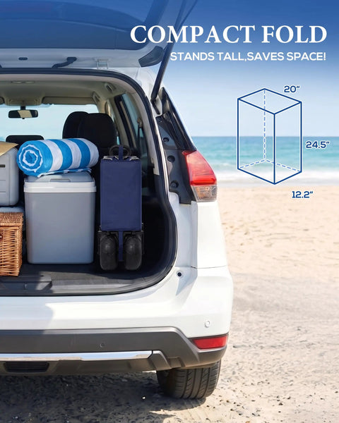 Beach Wagon With 9 Inch Balloon Wheels For Sand 200L Cart compactly folded in car trunk at beach, ready for transport.