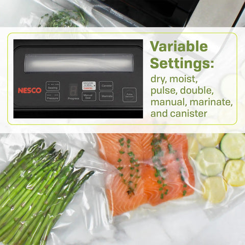 Deluxe 130 Watt Vacuum Sealer with Double Pump dry, moist, and double seal modes shown with vacuum-sealed salmon and asparagus