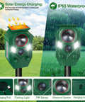 Solar Ultrasonic Animal Repeller With Motion Sensor Outdoor Pest Deterrent For Cats Dogs Rabbits Mice Squirrels Raccoons Skunks And Deer Waterproof Yard Garden Farm Defense With Flashing Light 2 Pack solar-powered green unit on stake with flashing light and PIR sensor