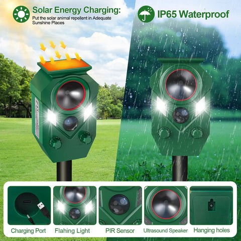 Solar Ultrasonic Animal Repeller With Motion Sensor Outdoor Pest Deterrent For Cats Dogs Rabbits Mice Squirrels Raccoons Skunks And Deer Waterproof Yard Garden Farm Defense With Flashing Light 2 Pack solar-powered green unit on stake with flashing light and PIR sensor