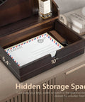 Acacia Wood Mail Organizer For Desk With Four Slots And Dividers showing open drawer with letter and key storage in Dark Acacia Finish.