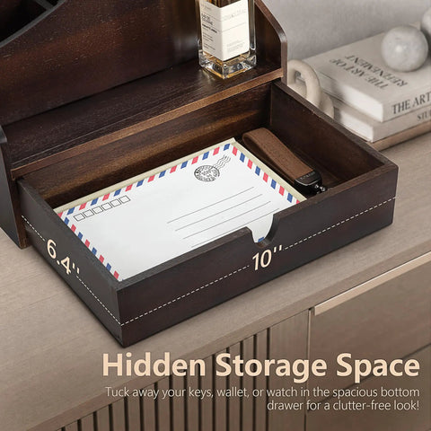 Acacia Wood Mail Organizer For Desk With Four Slots And Dividers showing open drawer with letter and key storage in Dark Acacia Finish.