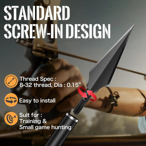 Beefy 150 Grain Steel Broadheads For Compound Recurve Bow And Crossbow, showing screw-in design and a background archer