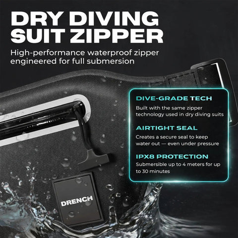 Close-up of dry diving suit zipper on Underwater Waterproof Fanny Pack For Phones And Gear showing airtight seal and IPX8 protection.