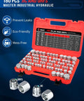 Beefy Pro Grade Industrial Hydraulic Cap And Plug Kit For JIC And ORFS Fittings 180 Piece Set with case open showing parts.