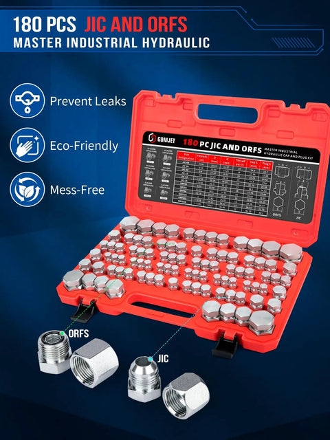 Beefy Pro Grade Industrial Hydraulic Cap And Plug Kit For JIC And ORFS Fittings 180 Piece Set with case open showing parts.