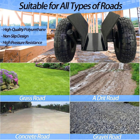 All Terrain Heavy Duty Panel Dolly With 1000 Lb Capacity showing compatibility with grass, dirt, concrete, gravel roads, 10 inch tires