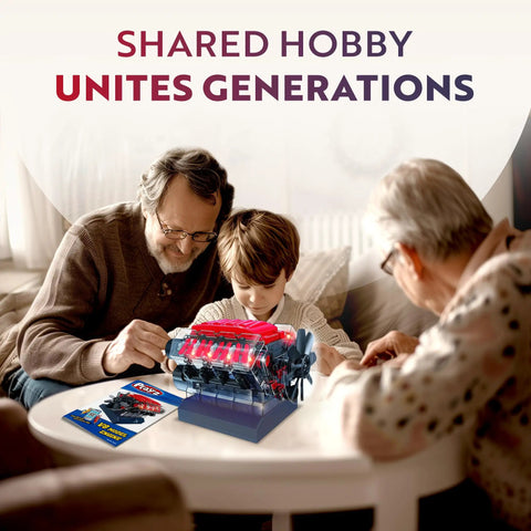 Child and grandparents building V8 Engine Model Kit That Runs Hands On STEM Build Your Own Mini V8 Engine For Adults And Ages 12 And Up