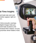 Si1-LD No WiFi Industrial Acoustic Imaging Camera displaying real-time leak analysis info on screen; handheld use.