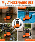 Heavy Duty Workhorse Submersible Sump Pump Featuring Reliable Automatic Float Switch For Rapid No Sweat Water Drainage With 0.5Hp 110V High Capacity Motor in flooded basement and swimming pool.