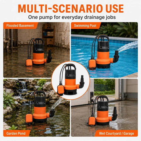 Heavy Duty Workhorse Submersible Sump Pump Featuring Reliable Automatic Float Switch For Rapid No Sweat Water Drainage With 0.5Hp 110V High Capacity Motor in flooded basement and swimming pool.