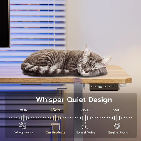 Acrolix L Shaped Electric Standing Desk 51x31.5 Inch with cat resting on oak surface, showing whisper quiet design.