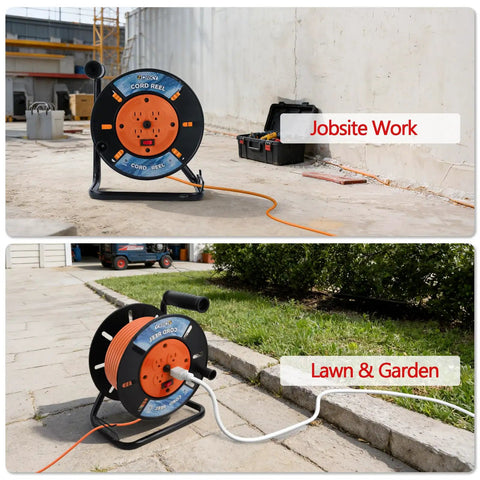 Heavy Duty Retractable Extension Cord Reel Open Cord Roller For 12/3 14/3 And 16/3 Gauge used on job site and lawn
