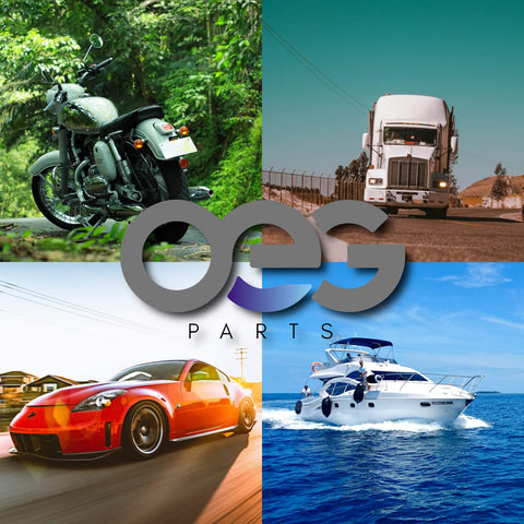 Collage of a motorcycle, truck, sports car, and boat on water with OEG Parts logo overlay