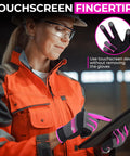 Woman using tablet with Breathable Women Gardening Gloves For Work And Yard Maintenance With Touch Screen Compatibility.