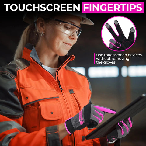 Woman using tablet with Breathable Women Gardening Gloves For Work And Yard Maintenance With Touch Screen Compatibility.