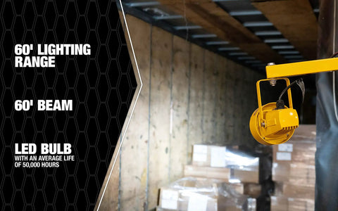 20W LED Dock Light With 40 Inch Folding Arm, 1700 Lumens, IP65 rated yellow light illuminating a warehouse with boxes