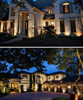 Night view of homes illuminated by 6 Pack 10W Low Voltage LED Landscape Lights Outdoor Spotlight 12V Warm White 1000 Lumens Waterproof Uplight Kit