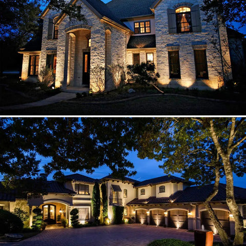 Night view of homes illuminated by 6 Pack 10W Low Voltage LED Landscape Lights Outdoor Spotlight 12V Warm White 1000 Lumens Waterproof Uplight Kit