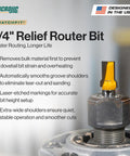 Matchfit One Quarter Inch Relief Router Bit For Straight Grooves And Dovetail Tracks In Woodworking Cabinets And Furniture Projects Slick Carbide For Quiet, Clean Cuts MB-025-025ST Yellow displayed with features and specifications.
