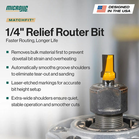 Matchfit One Quarter Inch Relief Router Bit For Straight Grooves And Dovetail Tracks In Woodworking Cabinets And Furniture Projects Slick Carbide For Quiet, Clean Cuts MB-025-025ST Yellow displayed with features and specifications.