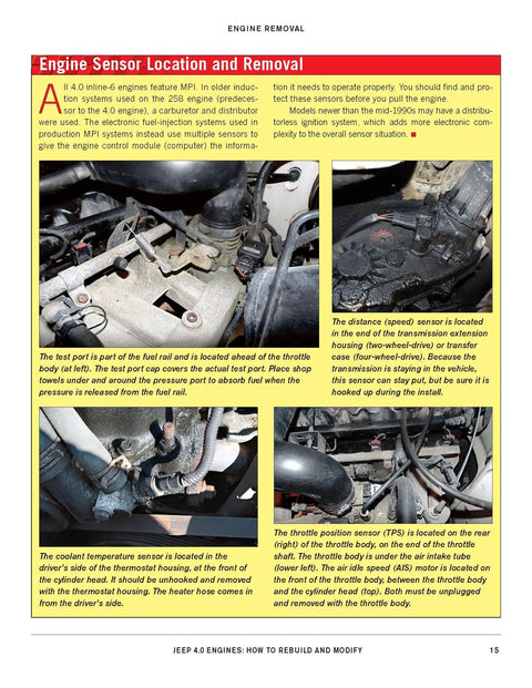 4.0L Inline Six Engine Rebuild And Modification Guide book page showing Jeep engine sensor removal photos and diagrams