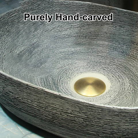 Vintage Ceramic Vessel Sink for Bathroom Vanity, Retro Chinese-Style Above Counter Vanity Sink for Home, close-up hand-carved design.