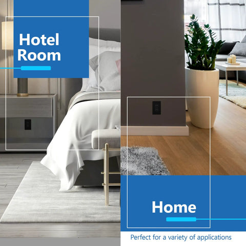 Hotel and home setting featuring Decorator Receptacle With Interchangeable Face Cover Residential Grade Child Safe Tamper Resistant Wall Outlet Electrical Outlet Self Grounding 15A 125V UL Listed Thermoplastic Matte Black.