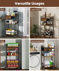Four Tier Coffee Bar Cart With K Cup Holder And Milk Frother Stand Featuring Hella Convenient Storage Layout In Rustic Brown Finish used as a baker, liquor, snack, and home storage rack.