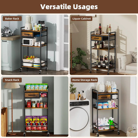 Four Tier Coffee Bar Cart With K Cup Holder And Milk Frother Stand Featuring Hella Convenient Storage Layout In Rustic Brown Finish used as a baker, liquor, snack, and home storage rack.