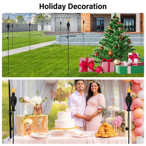 6 Pack Outdoor Metal Torches With 58 Inch Height arranged around patio and holiday decorations, weatherproof design.