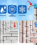 12 Pack Self Adhesive Pipe Insulation Foam Tubes With Aluminum Foil Joint Tape And Zip Ties For Spigot And Sprinkler Lines Keeps Winter From Cracking Your Pipes 1.3 Ft Long 0.8 Inch Diameter showing use on outdoor pipes in winter and summer.