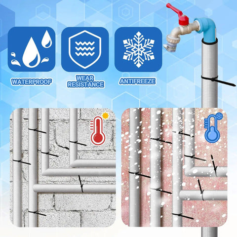 12 Pack Self Adhesive Pipe Insulation Foam Tubes With Aluminum Foil Joint Tape And Zip Ties For Spigot And Sprinkler Lines Keeps Winter From Cracking Your Pipes 1.3 Ft Long 0.8 Inch Diameter showing use on outdoor pipes in winter and summer.